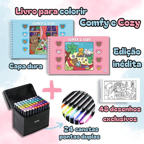Kit Livro De Colorir Tipo Bobbie Goods Comfy E Cozy Capa Dura 50 Páginas Desenhos Com Conjunto Estojo Caneta Touch Canetinhas 24 Cores Ponta Dupla